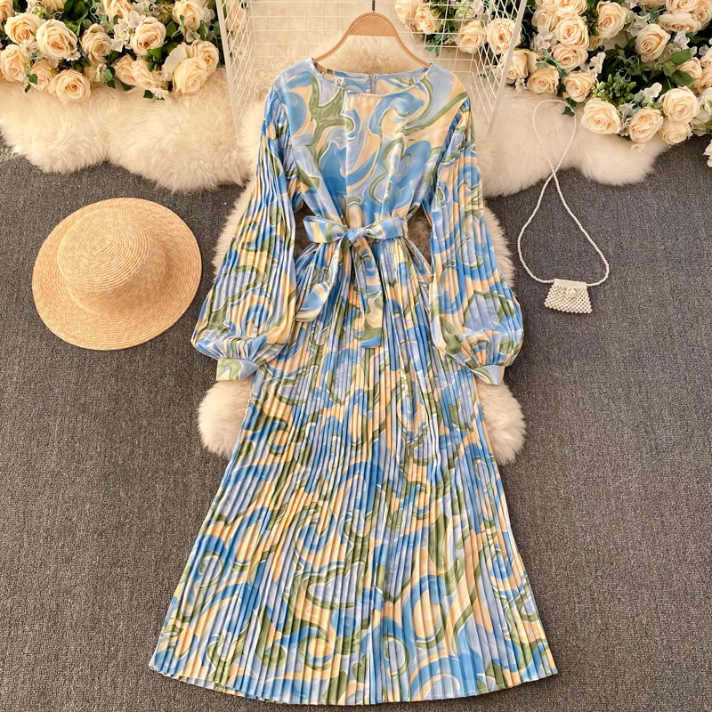 

Women Dress Blending Floral-Printed O-neck Slim Sashes Long Dress Ladies Fashion Holiday Flower Mid-calf Long Pleated Dress