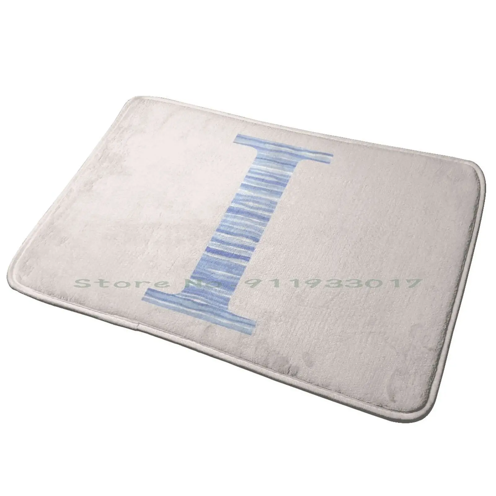 Letter I Blue Watercolor Stripes Monogram Initial Entrance Door Mat Bath Mat Rug Initial I Monogram I Letter I Blue And White