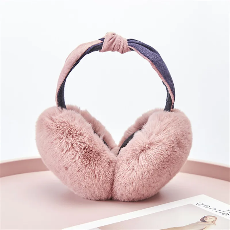 Fashion Winter Women Outdoor Earmuff Bowknot Foldable Cover Earphones Thick Plush Ear Warm Fluffy Fur Patchwork Headphone Girls