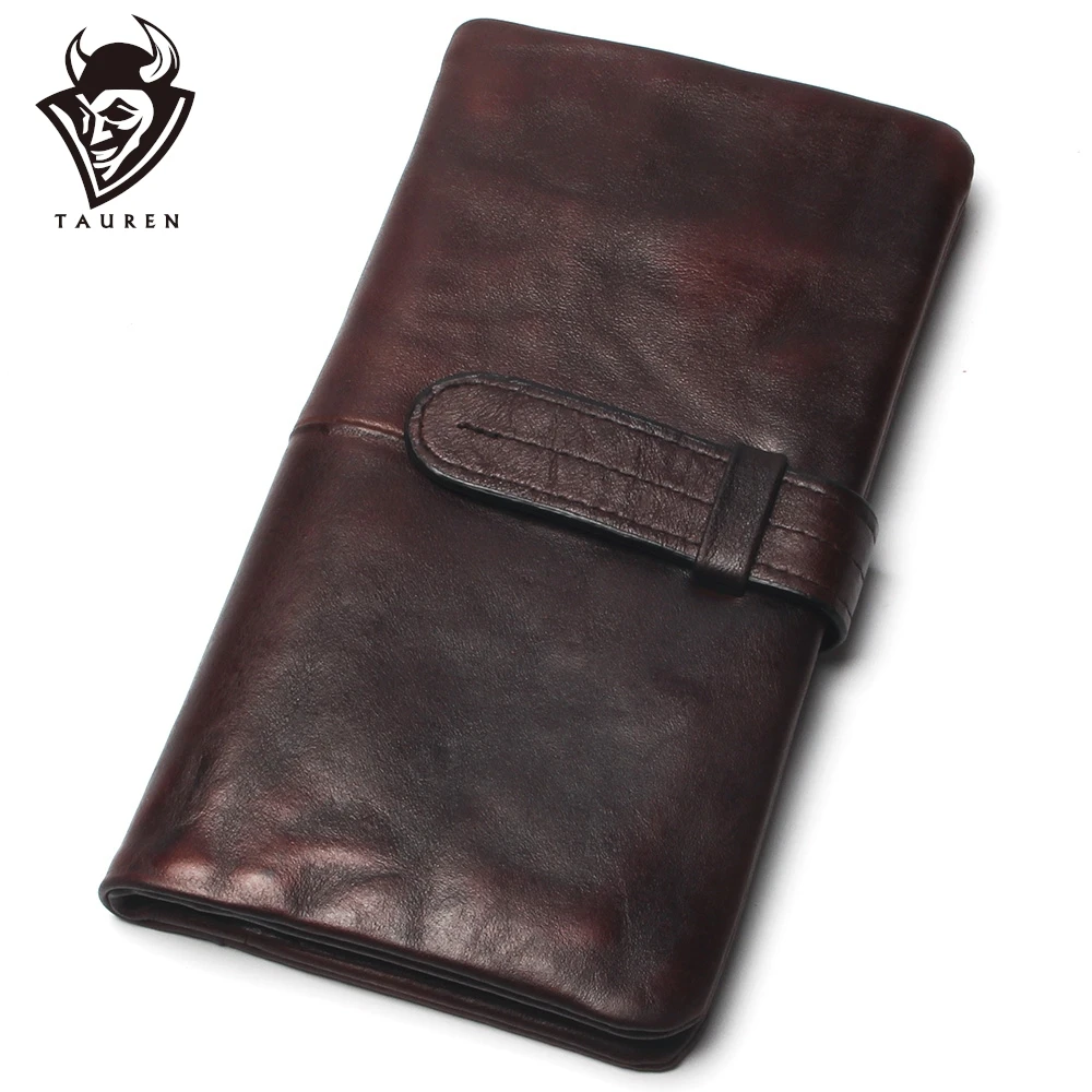 Carteira de couro genuíno para homens, cor de corante, bolsa masculina luxuosa, carteira de marca, bolso para telefone, longa, artesanal