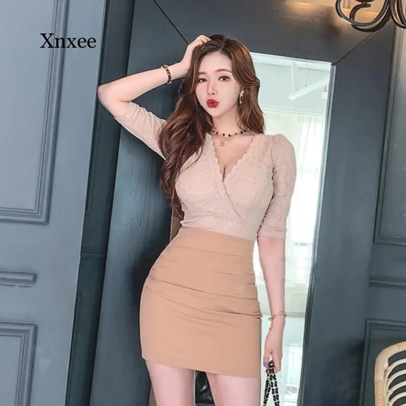 

Sexy Lace Mini Dresses One Piece Ladies Korea V-Neck Splicing Package Bodycon Party Dresses for Women Fashion Clothing