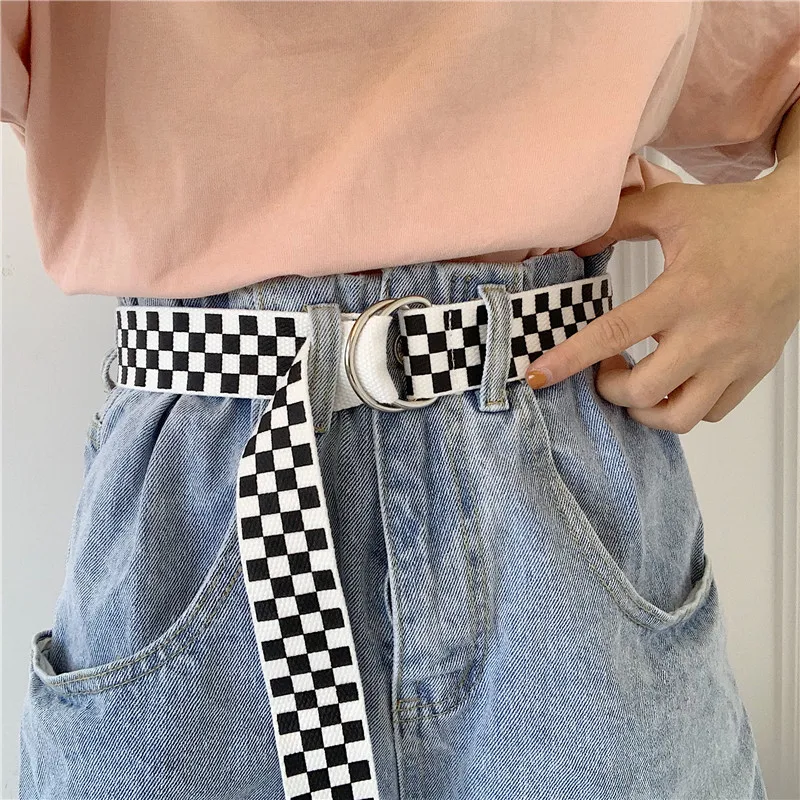 Cintura in tela a scacchiera Casual Plaid bianco nero anello a D doppia fibbia cinturino a vita lunga studente adolescente uomo donna Jeans cinture