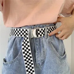 Casual Checkerboard Canvas Belt Black White Plaid D Ring Double Buckle Long Waist Strap Student Teenager Men Women Jeans Belts