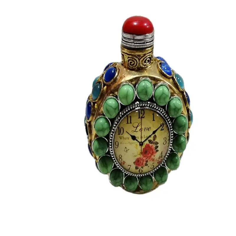 

China Old Beijing Used Old Snuff Bottle Copper Inlaid Turquoise Clock Snuff Bottle