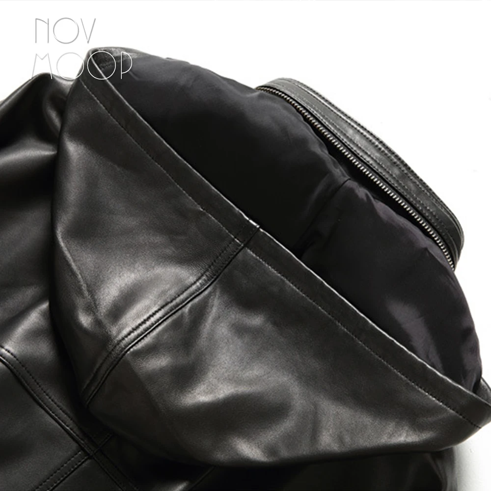Novmoop European chic style women spring black elastic waist lambskin genuine leather splice hooded jacket chaqueta mujer LT3046