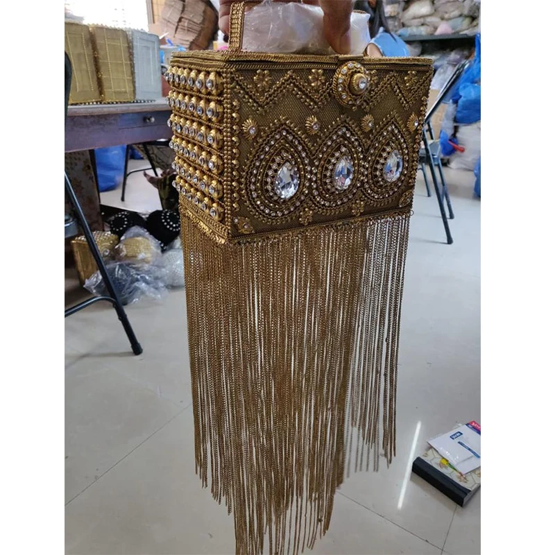 DOYUTIG India Design Women Long Tassels Hand-Made Rhinestone Beads Box Clutches Lady Classical Box Evening Bags For Wedding F697