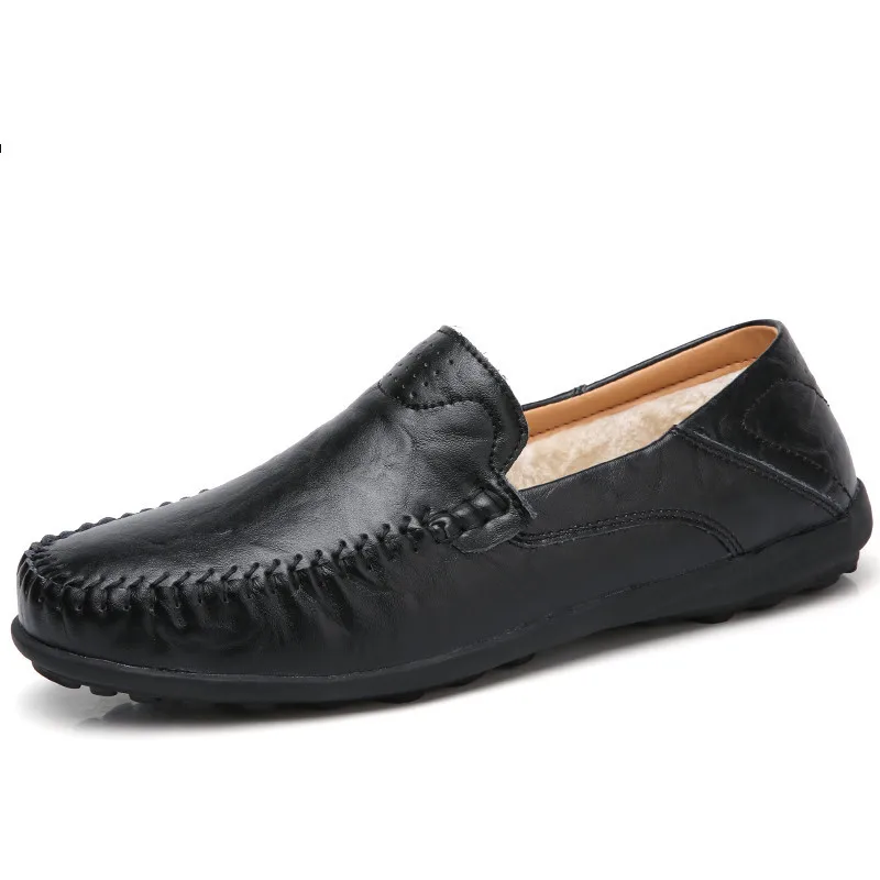 Winter Warm Men Casual Shoes Luxury Brand Genuine Leather Mens Loafers Moccasins Black Driving Shoes Plus Size 37-47 Skor