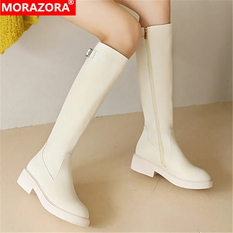 MORAZORA 2021 Big size 33-43 winter knee high boots med heels round toe solid color women boots ladies shoes black sliver