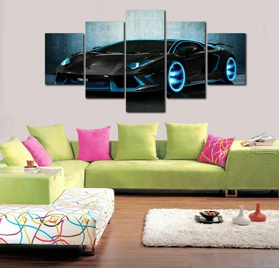 

No Framed Canvas 5Pcs Blue Neon Sport Car Vehicle Wall Art Posters Pictures Home Decor Accessories Living Room Bedroom Paintings