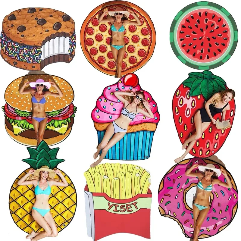 Customizable Large Donut Burger Microfiber Beach Towel For Outdoor Travel Quick-Drying Shawl Sport Absorbent Towel Beach Blanket