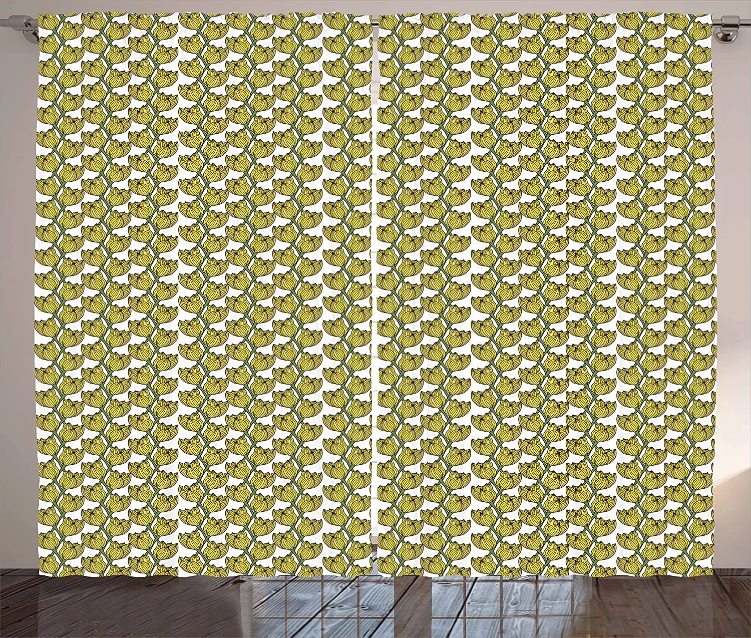 Yellow and Green Blackout Curtains Composition of Tulips with Coming of Spring Hand Drawn Petals Window Curtain