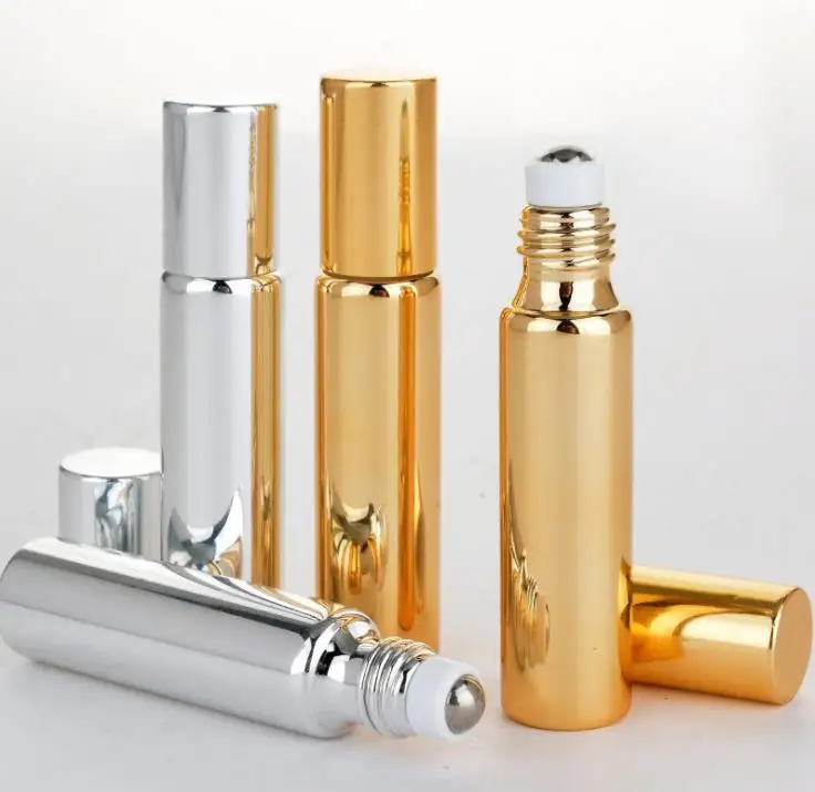 10ml Gold Roll On Perfume bottle, 10cc Silvery Essential Oil Rollon bottle, Small Glass Roller Container 100pcs SN462