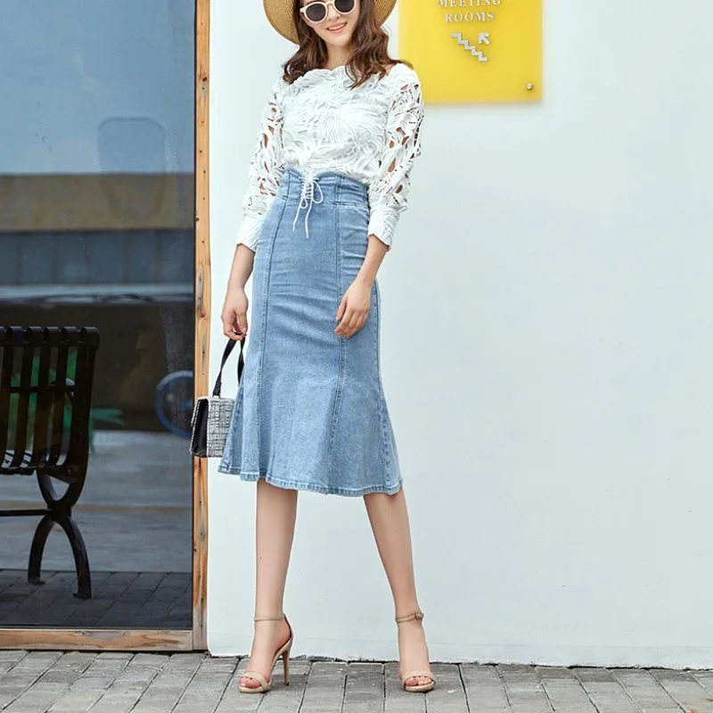 

Women Summer High Waist Trumpet Denim Skirt Office Ladies Elegant Slim Fit Mid Calf Long Wrap Skirts Lace Up Casual Jean Skirt