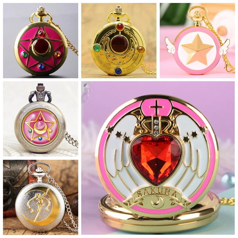 Rhinestone Cartoon Sakura Anime Japanese Anime Stars Moon Quartz Pocket Watch Fashion Stars Women Necklace Pendant Chain Gifts