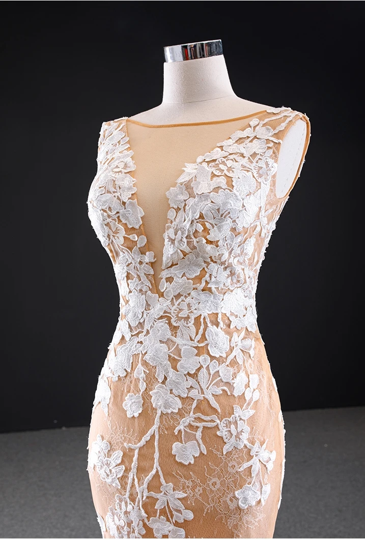 Robe de mariée sans manches, couleur ivoire, dentelle, dos lacé, sirène, traine, couleur Champagne, 2021