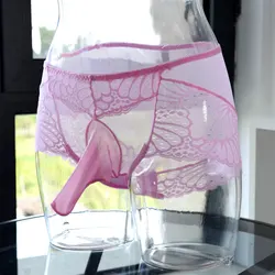 Gay Wear Lace Transparent Boxer U Convex Pouch Penis Sheath cock Ring See Through Underwear Sexy Homme Gay Fetish Underpants