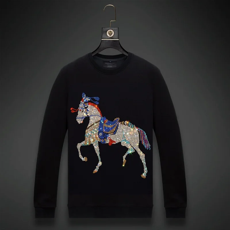 2024 Men Colorful Horse Rhinestones Hoodie Sweatshirt Fashion Streetwear Full Pullover Hoodie O Neck Cotton Mens Autumn Clothes