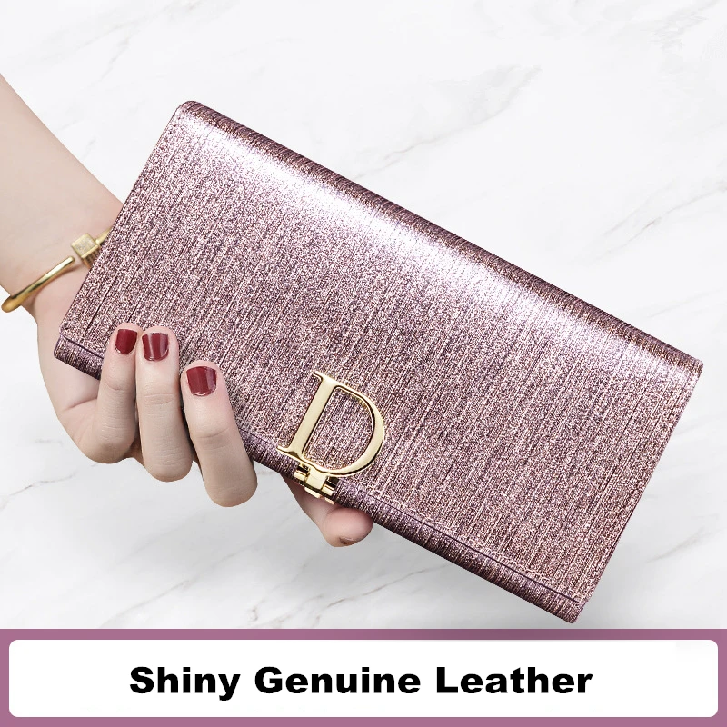 2024 Women\'s Long Wallet Coin Purse Ladies Pearly Lustre Luxury Genuine Leather Wallets Stripe Female Card Holder Phone Bags