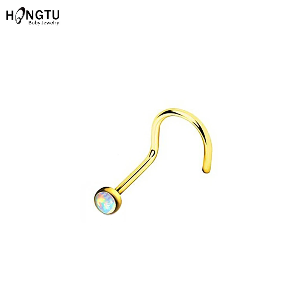 HONGTU 1Pc Opal Nose Screw Rings 20g Steel Nose Piercing Body Jewelry Indian Nose Stud for Women Girls Round Nostril Piercings