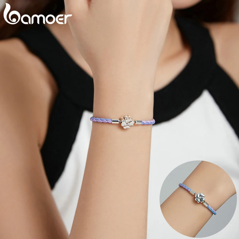 BAMOER 925 Sterling Silver Lucky Bracelet Purple Two Color Leather Bracelet Clover European for Women DIY Fine Jewelry SCB214