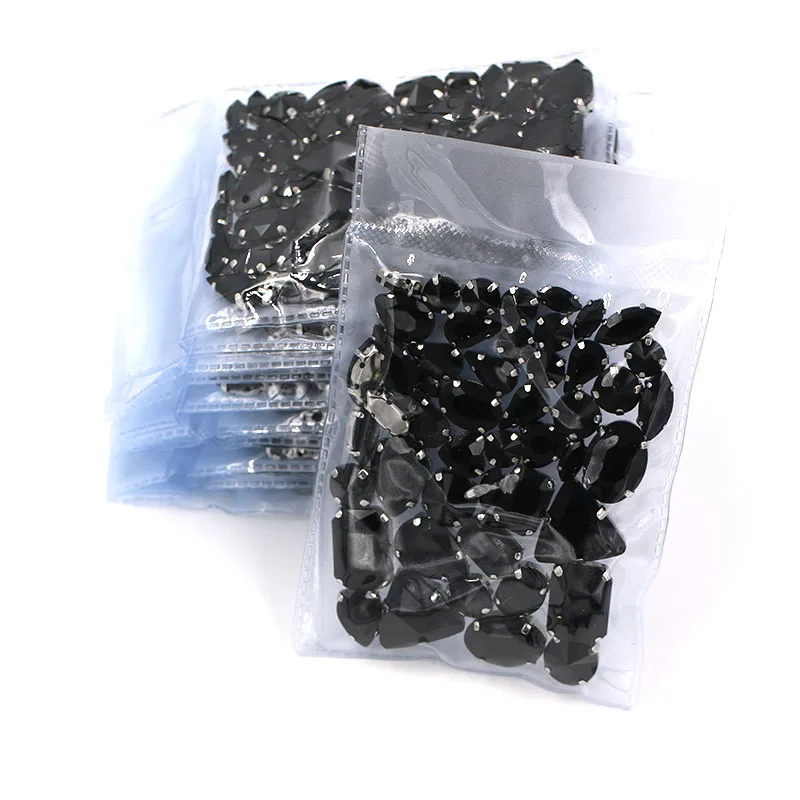 Hot Sale  Wholesale 5 bags mixed shape silver base sew on glass crystal Black rhinestones for clothing/wedding dress