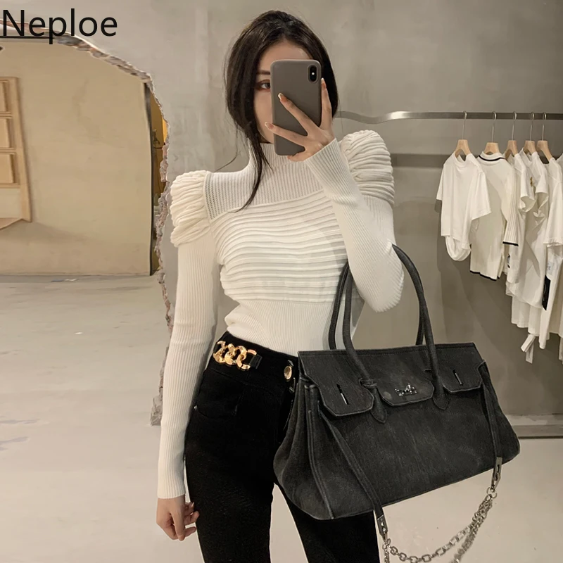 Neploe Fashion Pleated Sweaters for Women Elegant Puff Sleeve White Slim Tops Korean Turtleneck Sweater Jumper Fall Clothes