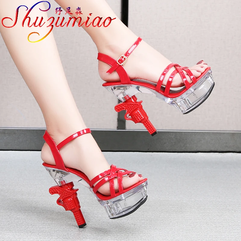 Shuzumiao New Women Sandals 2021 Summer Fashion Gun heel Patent Leather Women Shoes14cm Cross Belt Transparent Bottom High Heels