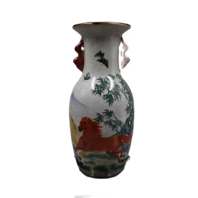 Chinese Old Porcelain Crack Glazed Ma Dao Cheng Gong Painting Double Ear Vase