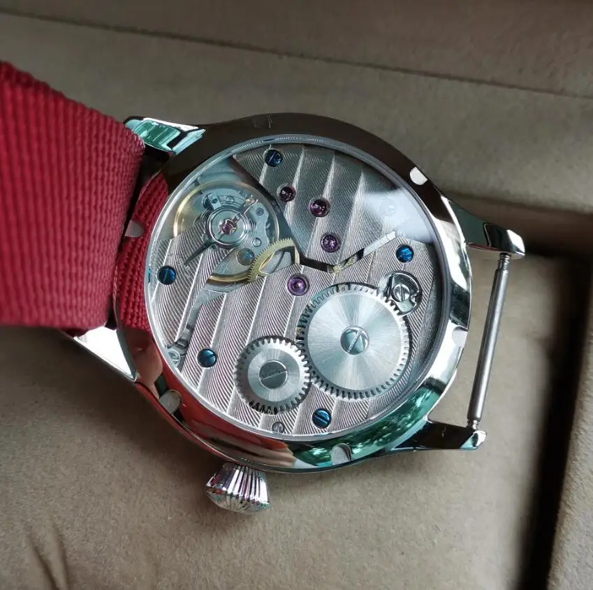 GEERVO No logo 44mm stile pilota meccanico vento a mano orologio da uomo stile retrò quadrante blu linee di raggi del sole fascia rossa luminosa