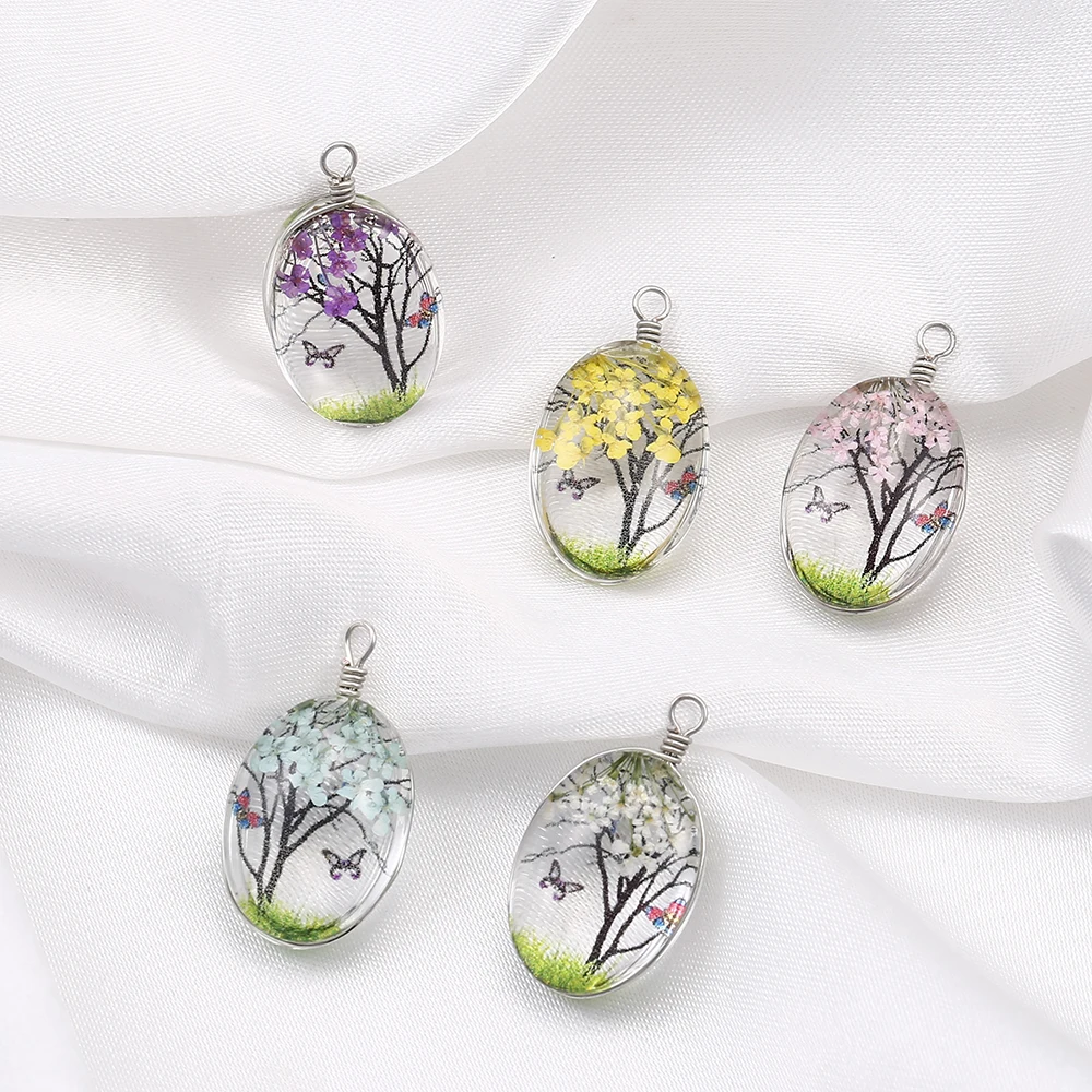 10pcs Wholesale Cabochon Glass Ball Dried Flower Tree Pendant Charms for Necklace Earring Making Diy Jewelry Findings