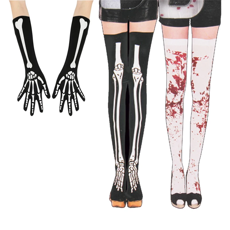 

Halloween Socks Black Skeleton Halloween Gloves Horror Party Women'S Halloween Costumes Thigh High Socks Free Shipping Items