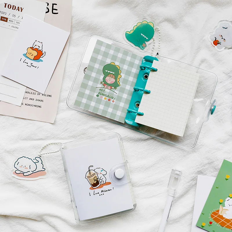 70 Pages Cartoon Cute Mini Notebook Transparent PU 3-hole Loose-leaf Booklet Portable Creative diary Stationery school supplies