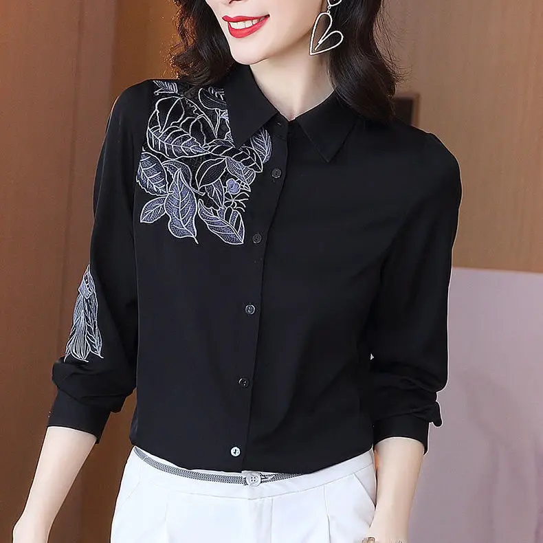 

Blouse Women Shirt Black Women's Long-Sleeved 2021 Hollow-out Embroidered Lapel Top Blusas Mujer De Moda