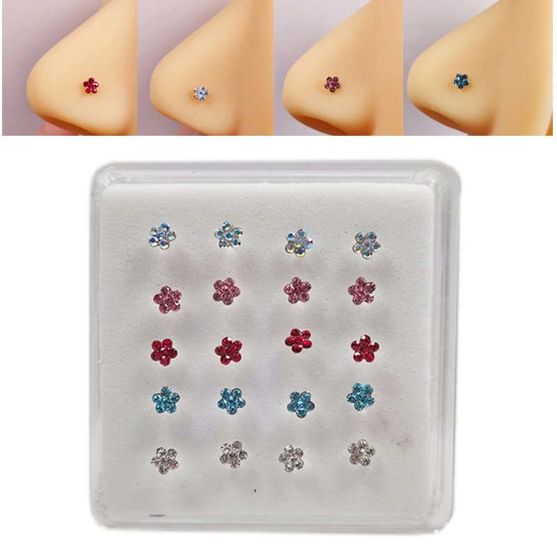 

925 Sterling Silver Flower Nose Stud Multi Color Stone Nose Piercing Jewelry 20Pcs/Pack