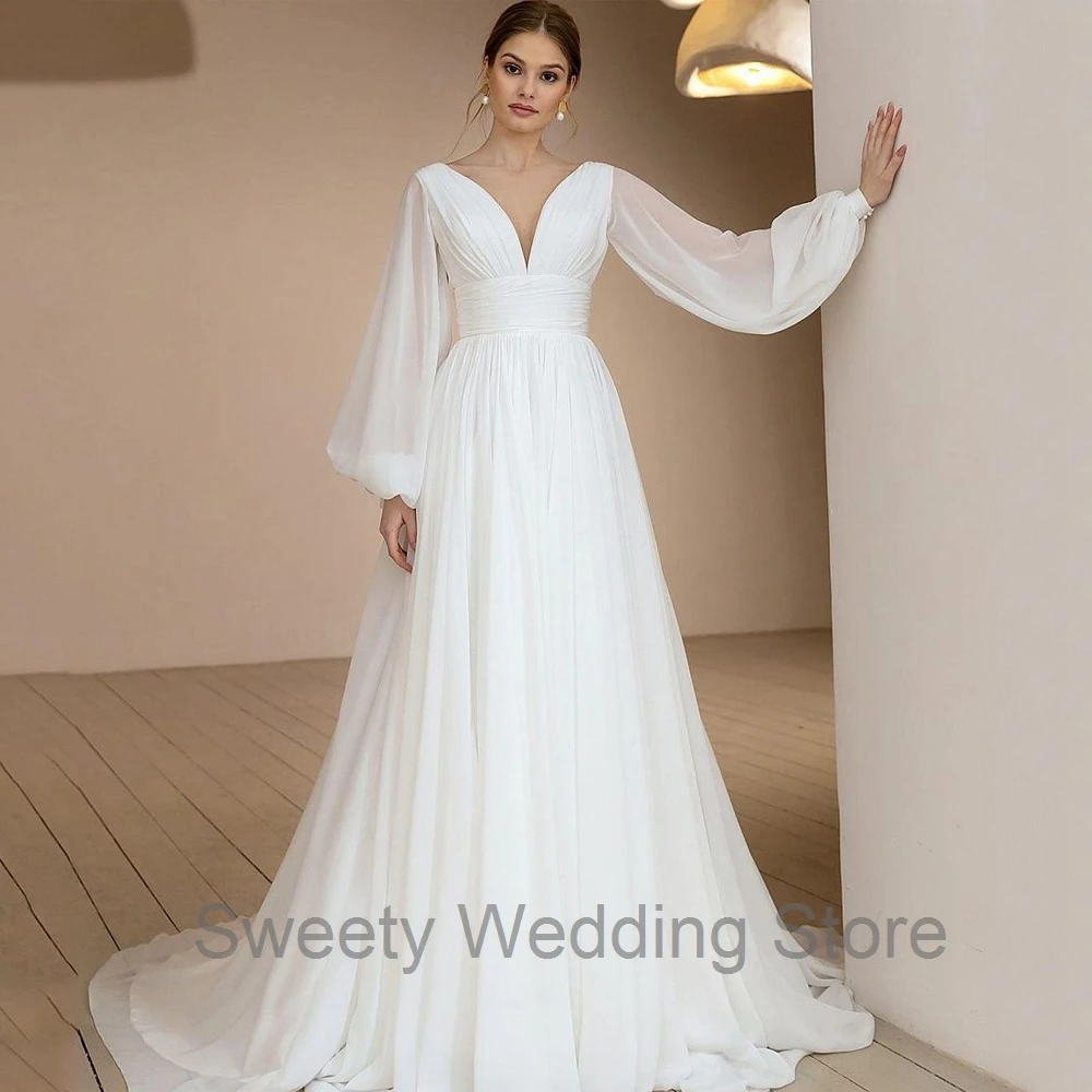 Sexy Puff Ärmeln Chiffon Boho Hochzeit Kleid 2021 V Neck Rüschen Drapped Einfache Sweep Zug Vestido Noiva Brautkleider