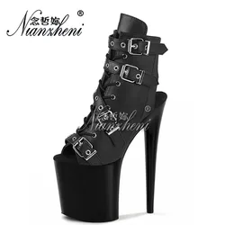 Summer Sexy Hollow Belt Buckle 15CM High Stripper Heeled Shoes Thick Platform 6 Inches Black Nightclub Models Dress Women Boots
