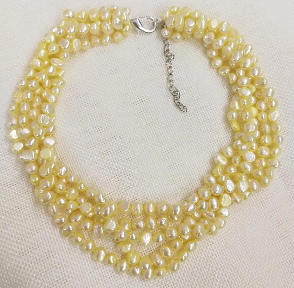 

5 Rows 7mm yellow baroque pearl choker necklace Natural freshwater pearl Women Jewelry 35-42cm 14-17''