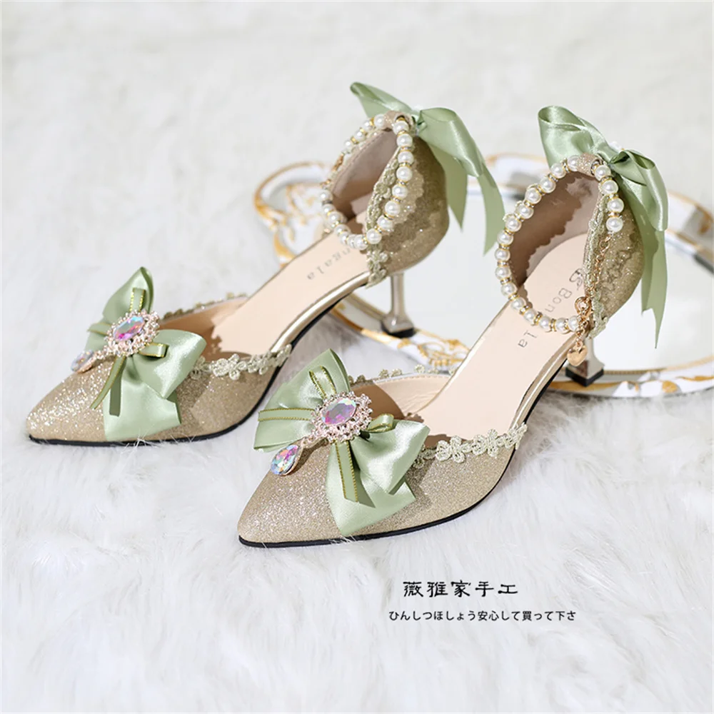 French Lady Shoes Elegant Princess Tea Party Cosplay Lolita Shoes Victoria Palace Bowknot Pointed Sandals High Heel Lolita