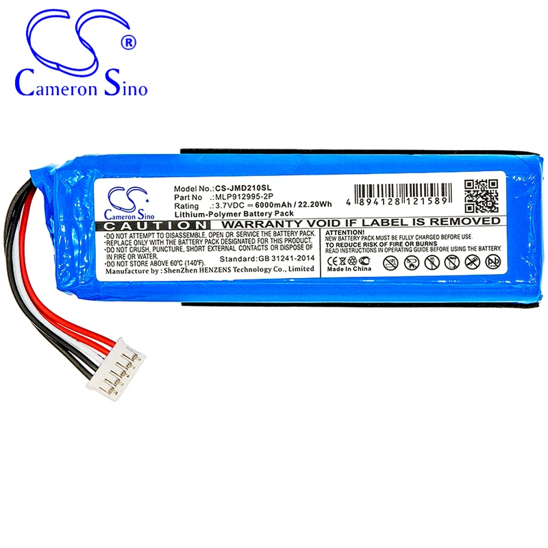 CameronSino – batterie pour JBL Charge 2 +, MLP912995-2P mAh/6000 wh, 3.70V, bleu, pour haut-parleur GSP1029102