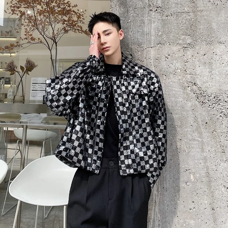 IEFB Sequin Embroidered Plaid Short Men\'s Jacket Chic Design Lapel Zipped Short Coat 2023 New Autumn Oversized Clothing 9Y9983