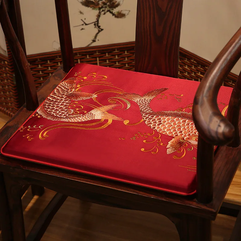 Classical Chinese Style Koi Embroidered Seat Cushion with Filling High-grade Fish Pattern Dark Blue Non-slip Chair Cushion