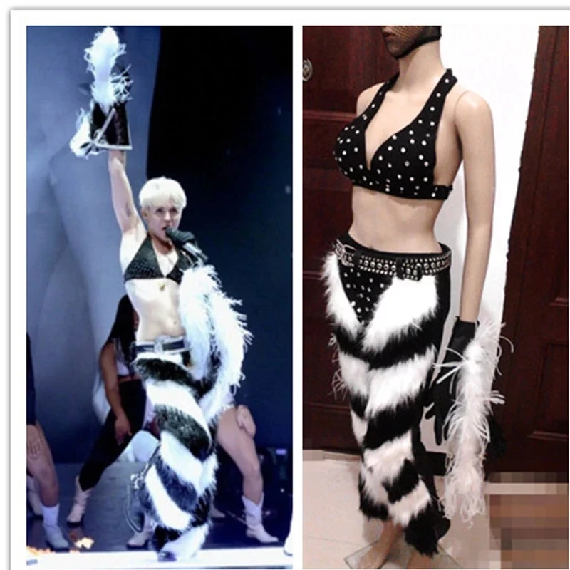 Singer Fur performance costume 3-piece bar DS GOGO dance outfit singer stage show bikini pants ostrich feather sleeves