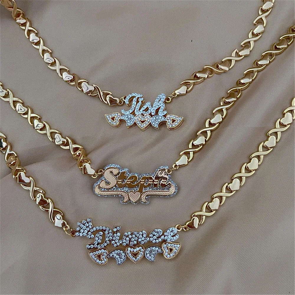 3D Custom Nameplate Necklace Personalized Double Color Letter Name Pendant XOXO Necklace For Women