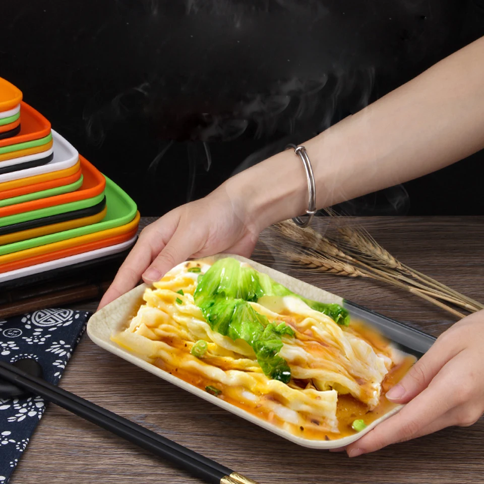 Color Melamine Dish BBQ Grilled Skewer Plastic Dish Plate Rectangular Imitation Porcelain Dish Restaurant Snack Pasta Dish