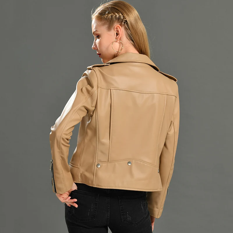 Veste de motard en cuir de mouton véritable pour femme, manteau de moto rivet, mode féminine, printemps, 2023