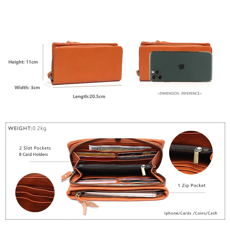 SC Soft Cowhide Women Long Wallet Fashion Multi Pockets Coin Purse Card Holder Passport Bag Female Genuine Leather Daily Clutch