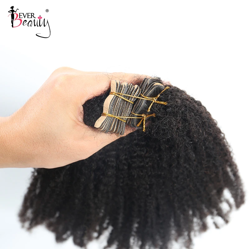 Afro Kinky Curly Tape In Human Hair Extensions Seamless PU Skin Weft Hand Tied Tape In Adhesive Invisible Mongolian Ever Beauty