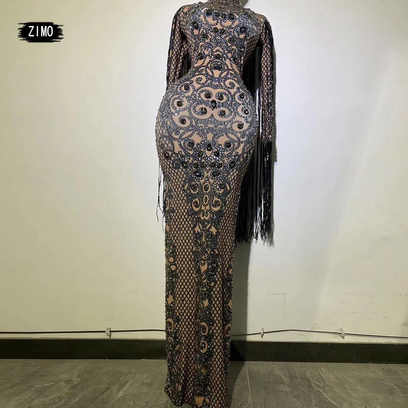 customs luxury Tassel dress long sleeve for women wedding Party Rhinestone print Black Celebrate Birthday Evening Stage Costumes