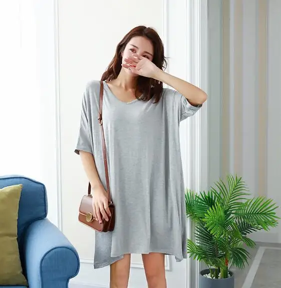 Half-sleeve Modal Cotton Night Dress Women Sexy Sleepwear V-neck Summer Nightgown Loose Large Size Nightshirt Female Dresses