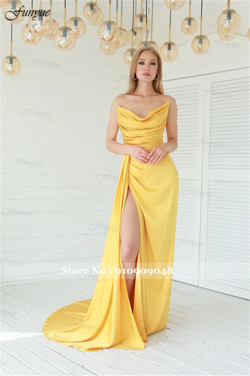 Elegant Off Shoulder Evening Dresses 2025 Sexy High Split Prom Dress Mermaid Satin Simple Plus Size Formal Party Night Gown Long